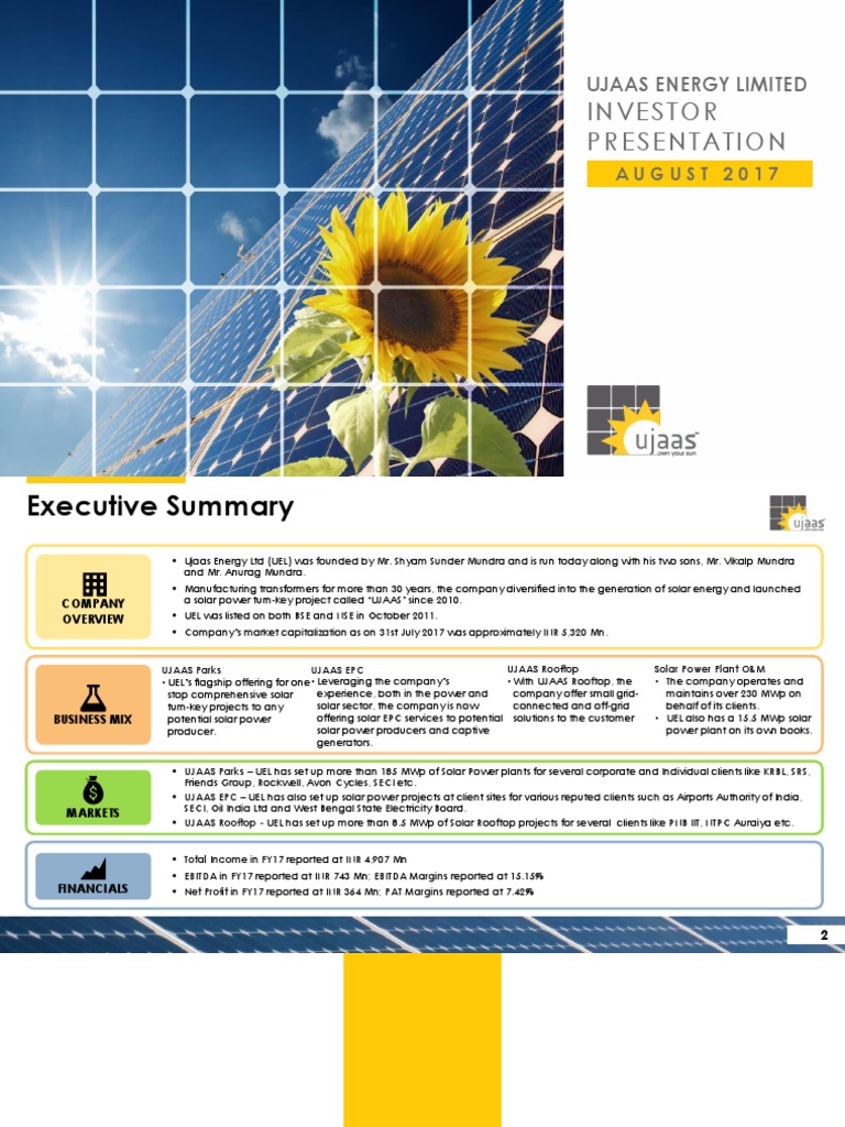 Ujaas Energy LTD Investor Presentation Aug 2017 PDF Solar Power Renewable Energy