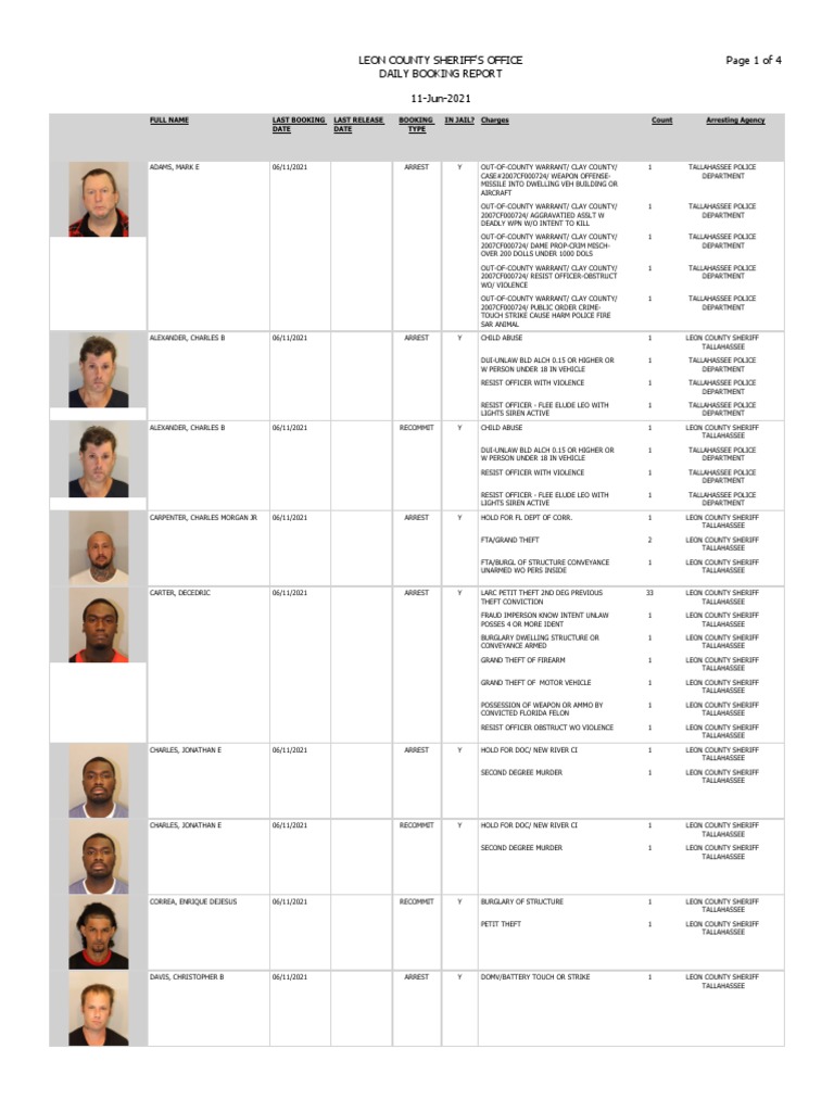 Leon County Booking Report June 12, 2021 PDF Burglary Theft