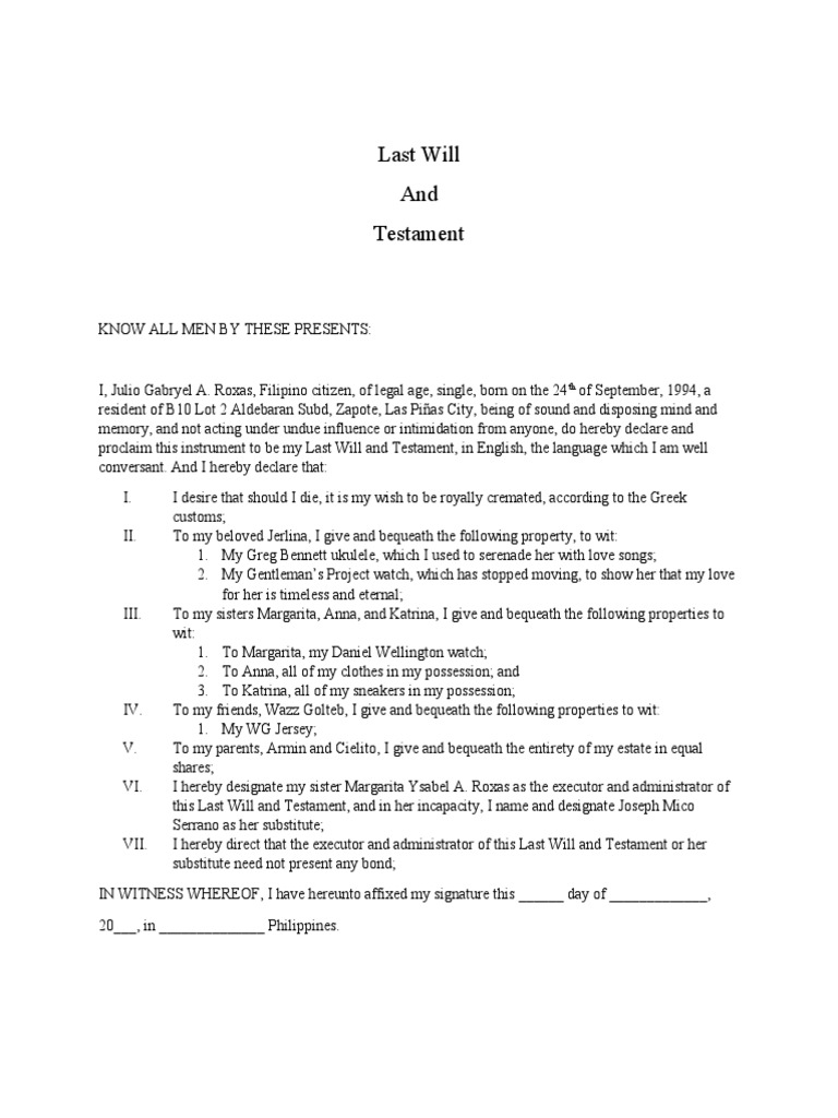 Julio Roxas' Last Will | PDF | Legal Aspects Of Death | Will And Testament