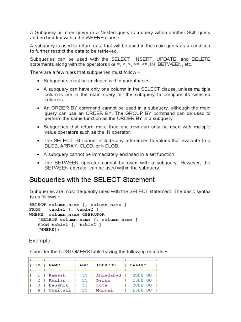 Subquery | PDF | Computer Data | Sql