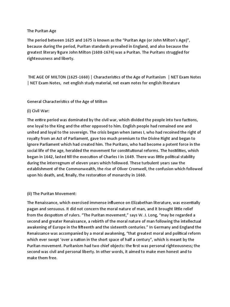 The Puritan Age PDF John Milton Oliver Cromwell