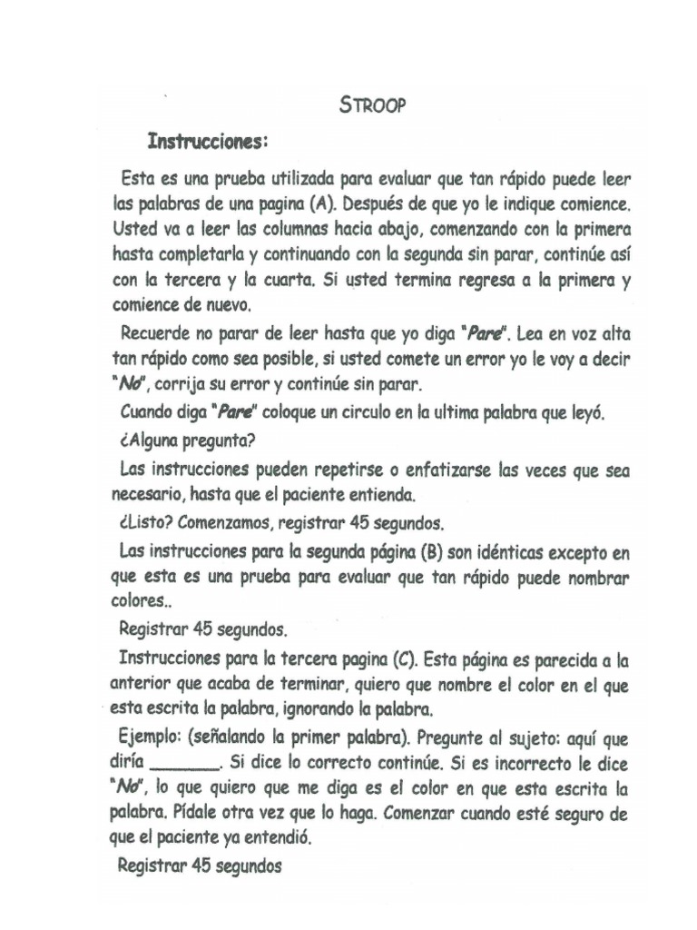 Instrucciones y Protocolos de Respuesta Test Stroop | PDF
