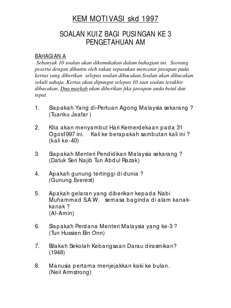 Contoh Soalan Pengetahuan Am Sekolah Rendah - Terengganu t