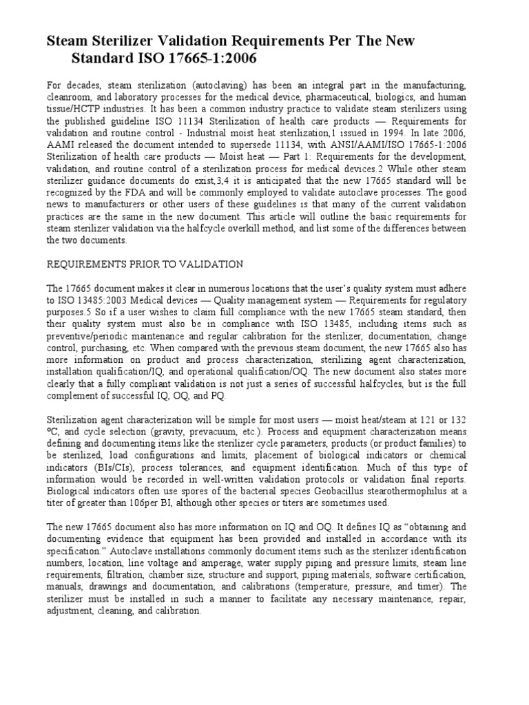 Steam Sterilizer Validation Requirements Per The New Standard ISO 17665