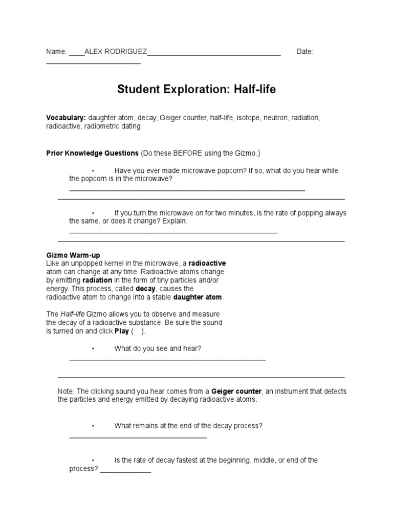 Student Exploration HalfLife Vocabulary Daughter Atom, Decay