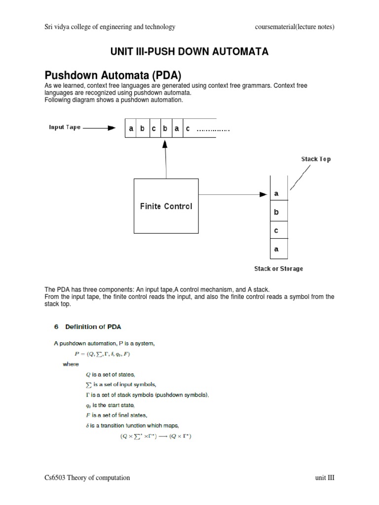 Pushdown Automata (PDA) : Unit Iii-Push Down Automata | PDF | Automata ...