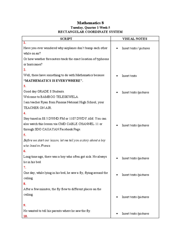 Mathematics 8: Tuesday, Quarter I-Week 5 Rectangular Coordinate System ...