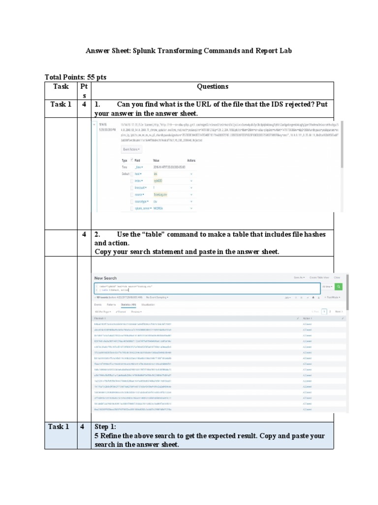 Answer Sheet-Splunk Transforming Commands and Report | PDF | Computer ...