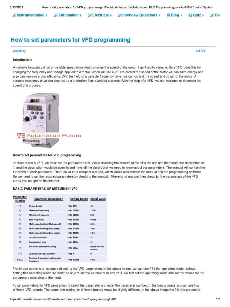 How To Set Parameters For VFD Programming - Electrical - Industrial ...