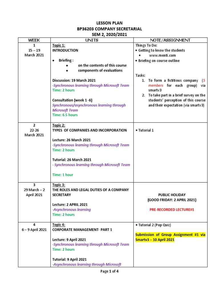 Company Secretarial Course Plan | PDF | Lecture | Lesson Plan