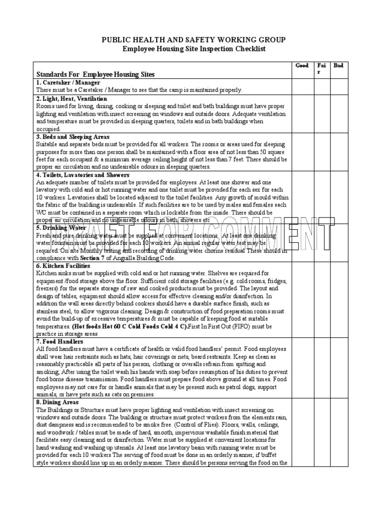 Public Health and Safety Working Group Employee Housing Site Inspection