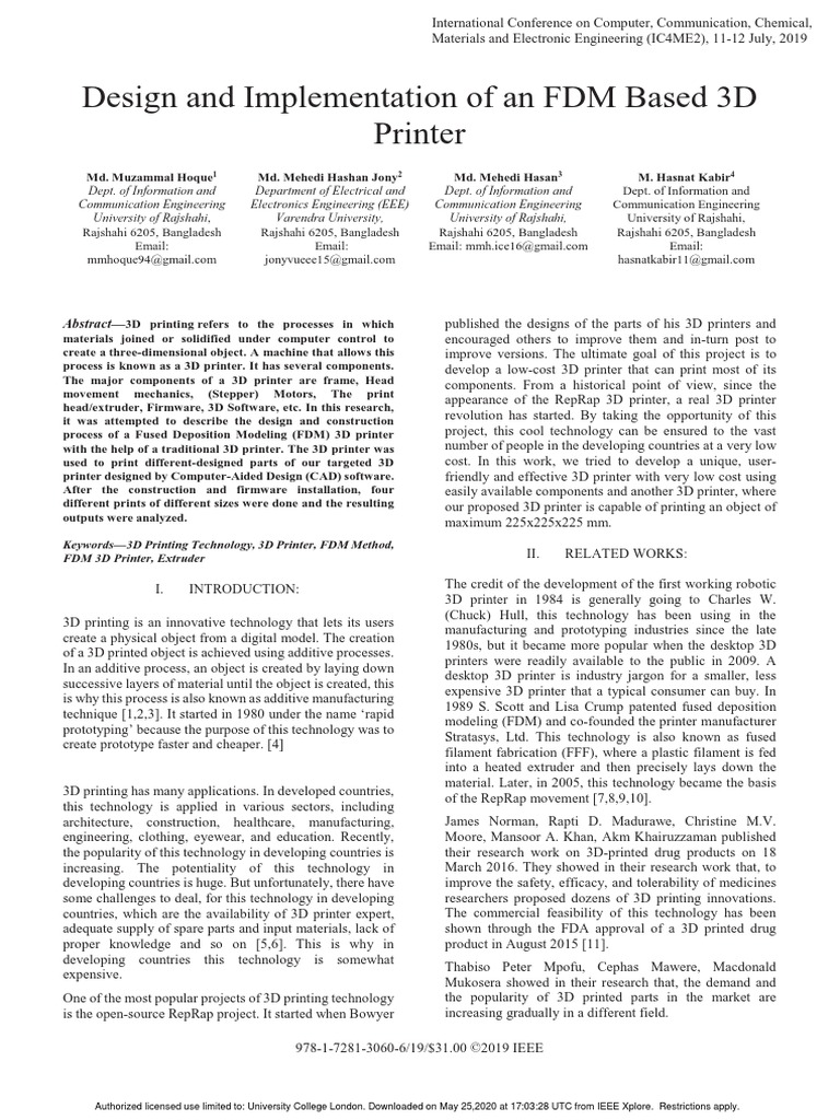Design and Implementation of An FDM Based 3D Printer | PDF | 3 D ...