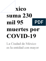 México suma 230 mil 95 muertes por COVID