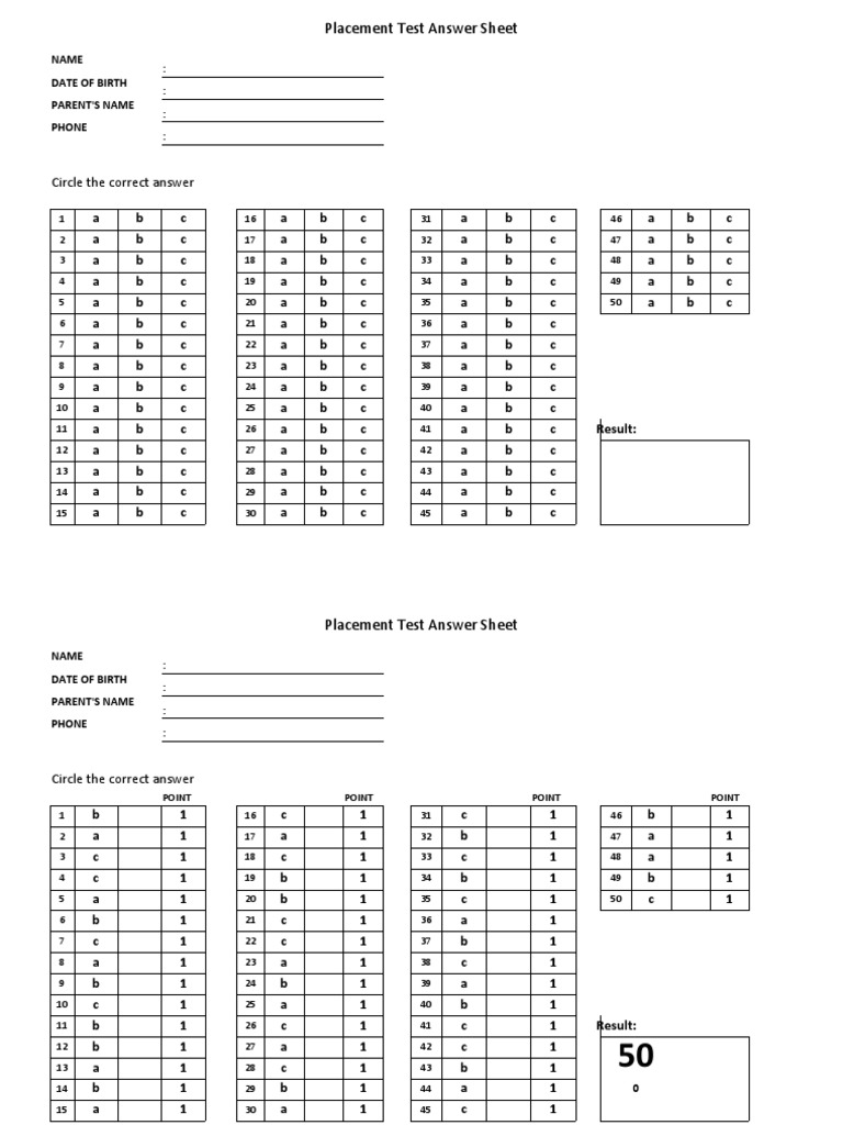 Placement Test Answer Sheet | PDF