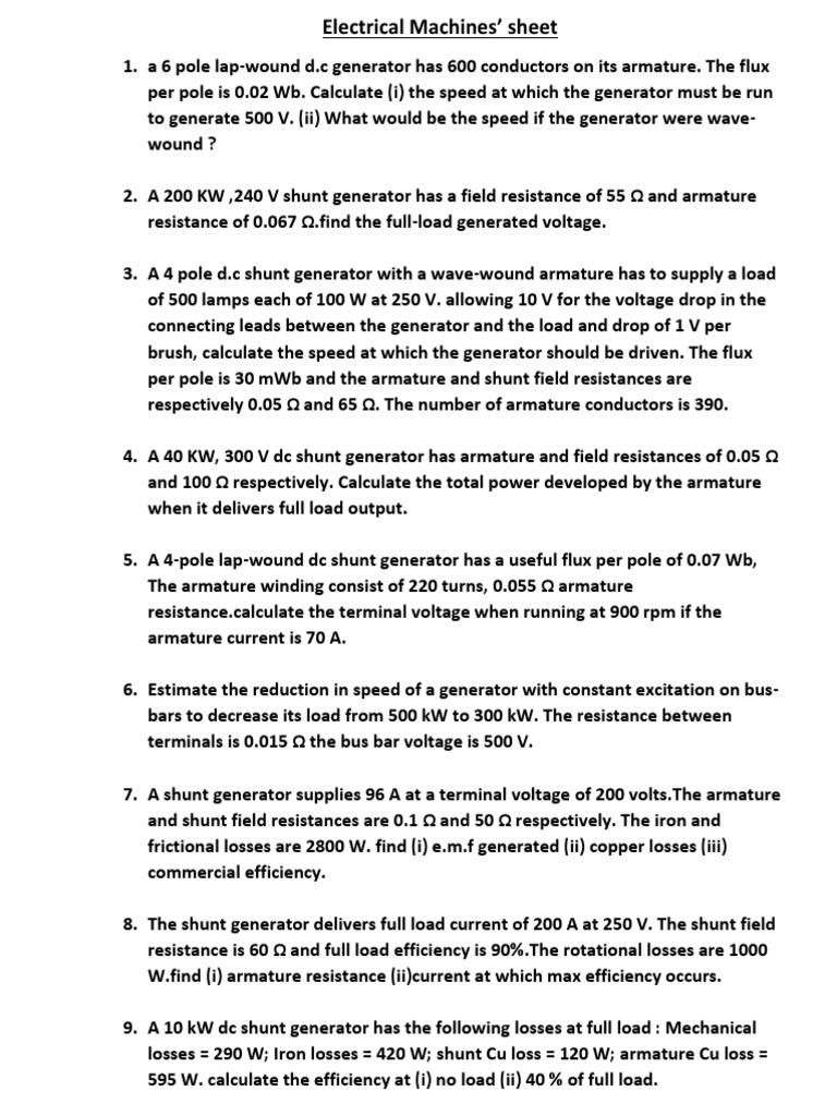 Electrical Machines' Sheet | PDF | Electric Generator | Direct Current