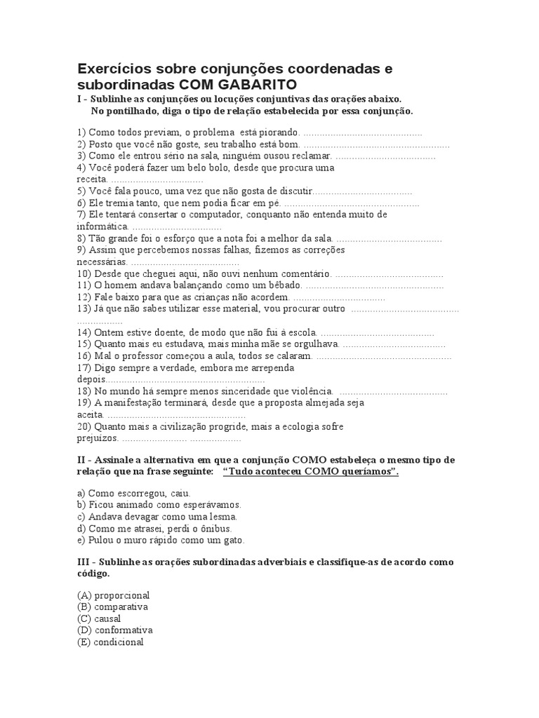 Conjunções - Exercícios Gabarito | PDF