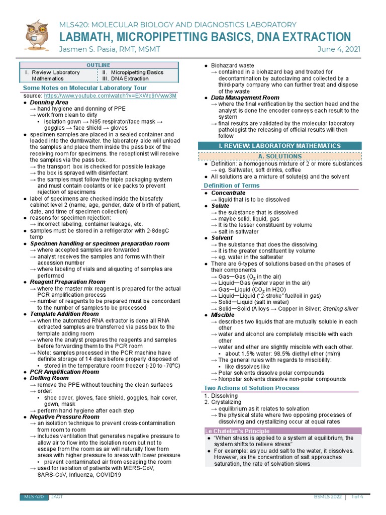 (B) MLS420LAB M1 Laboratory Mathematics, Micropipetting Basics, and