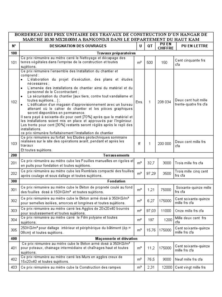 Bordereau des prix unitaire bâtiment | PDF | Génie du bâtiment ...
