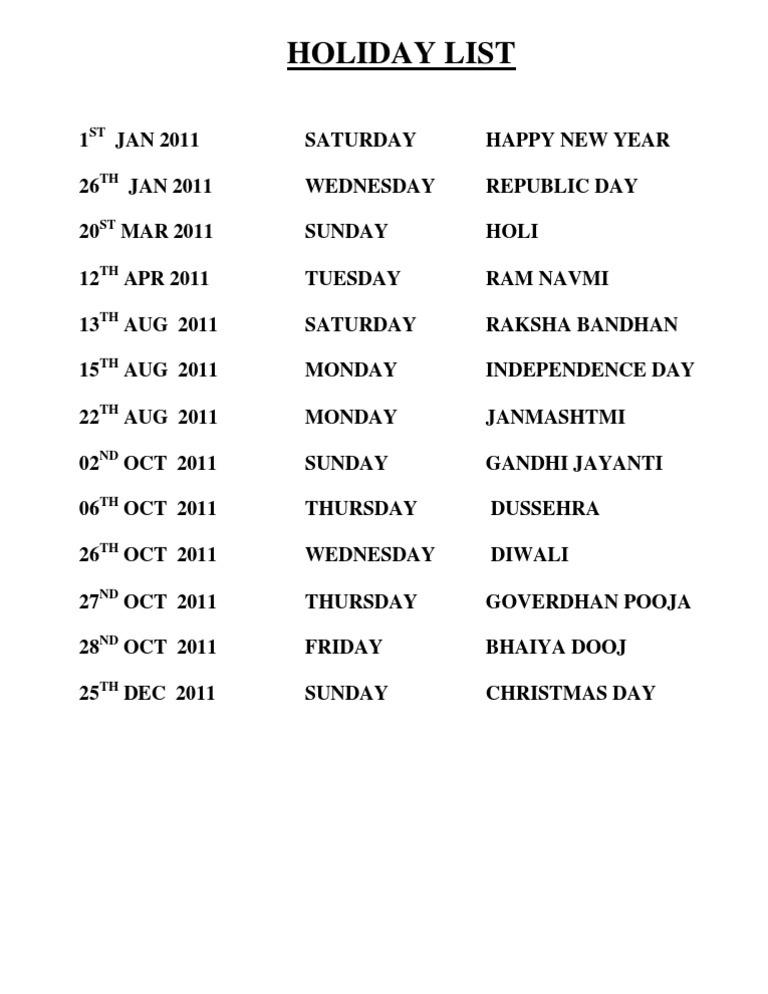 2011 Holiday List and Celebrations | PDF