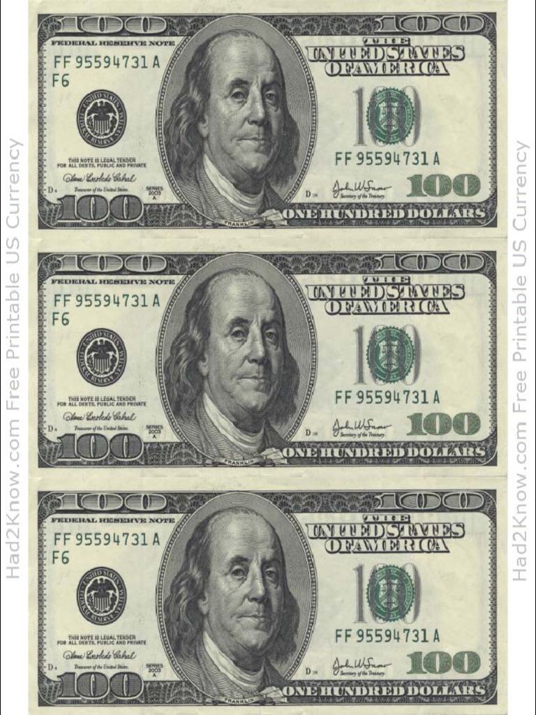 Main One Hundred Dollar Bill Template Front | PDF