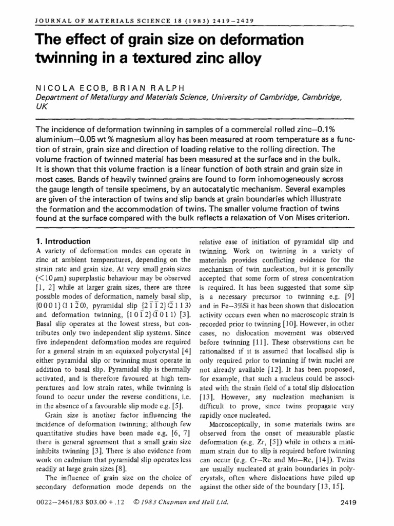 The Effect of Grain Size On Deformation Twinning in A Textured Zinc ...
