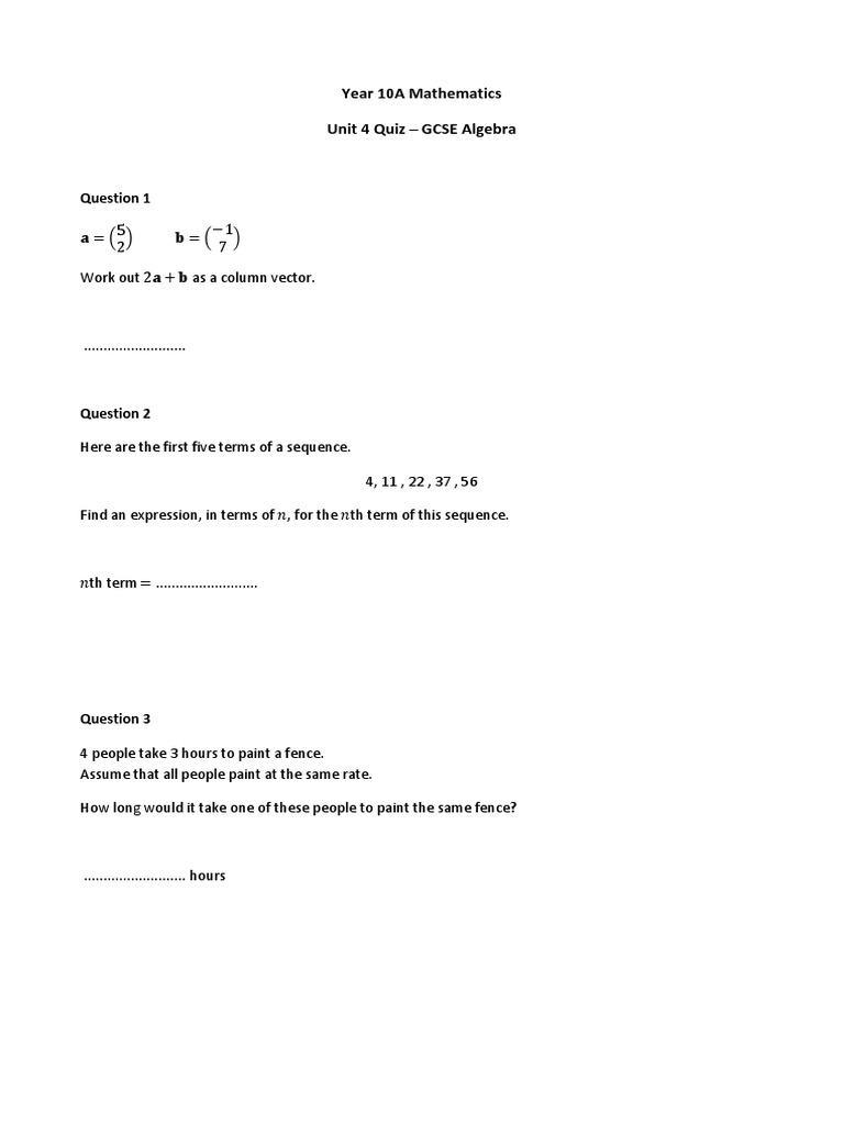 10A Maths Quiz Unit 4 | PDF | Sequence | Numbers