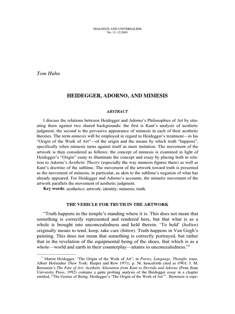 Heidegger, Adorno and Mimesis PDF Aesthetics Immanuel Kant
