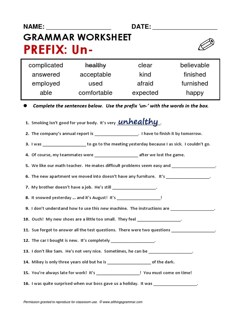 Prefix: Un-: Grammar Worksheet | PDF
