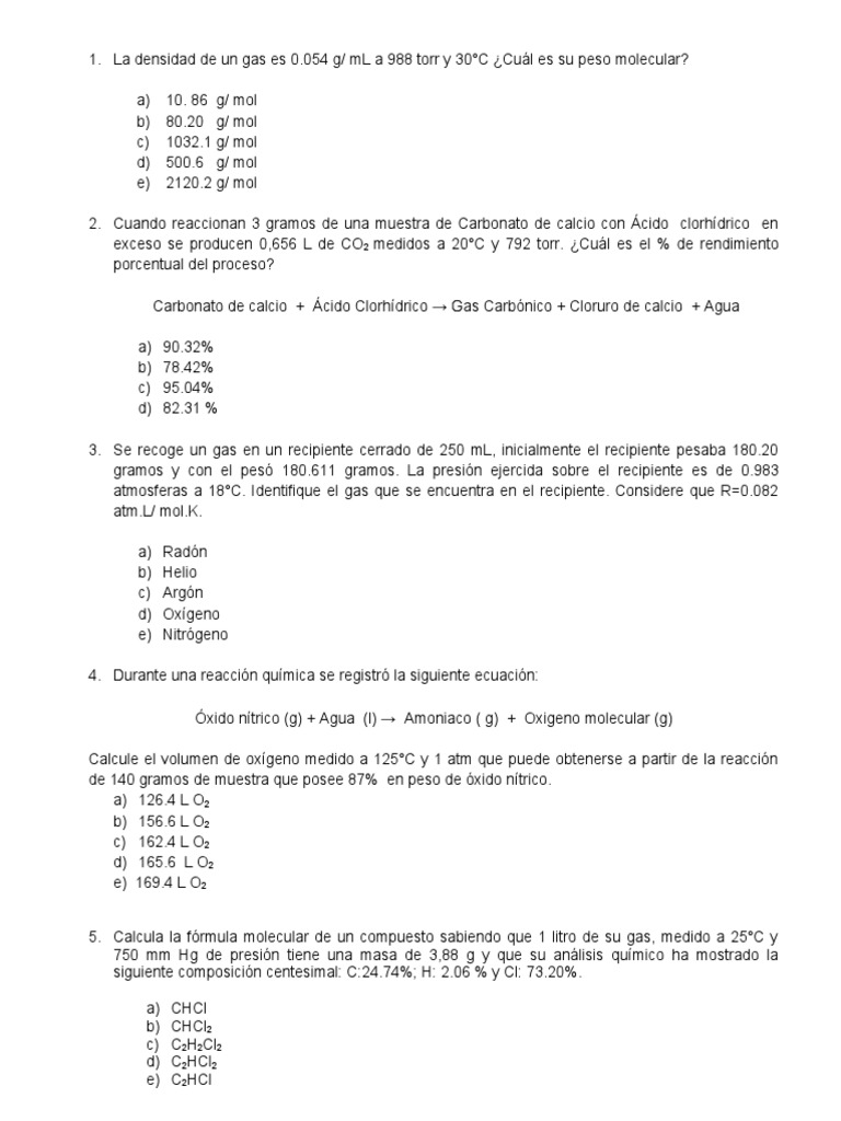 Ejercicios de estequiometría de gases | PDF | Métodos y materiales de ...