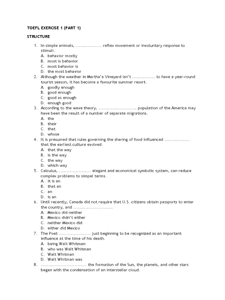 TOEFL Structure Practice Exercises | PDF