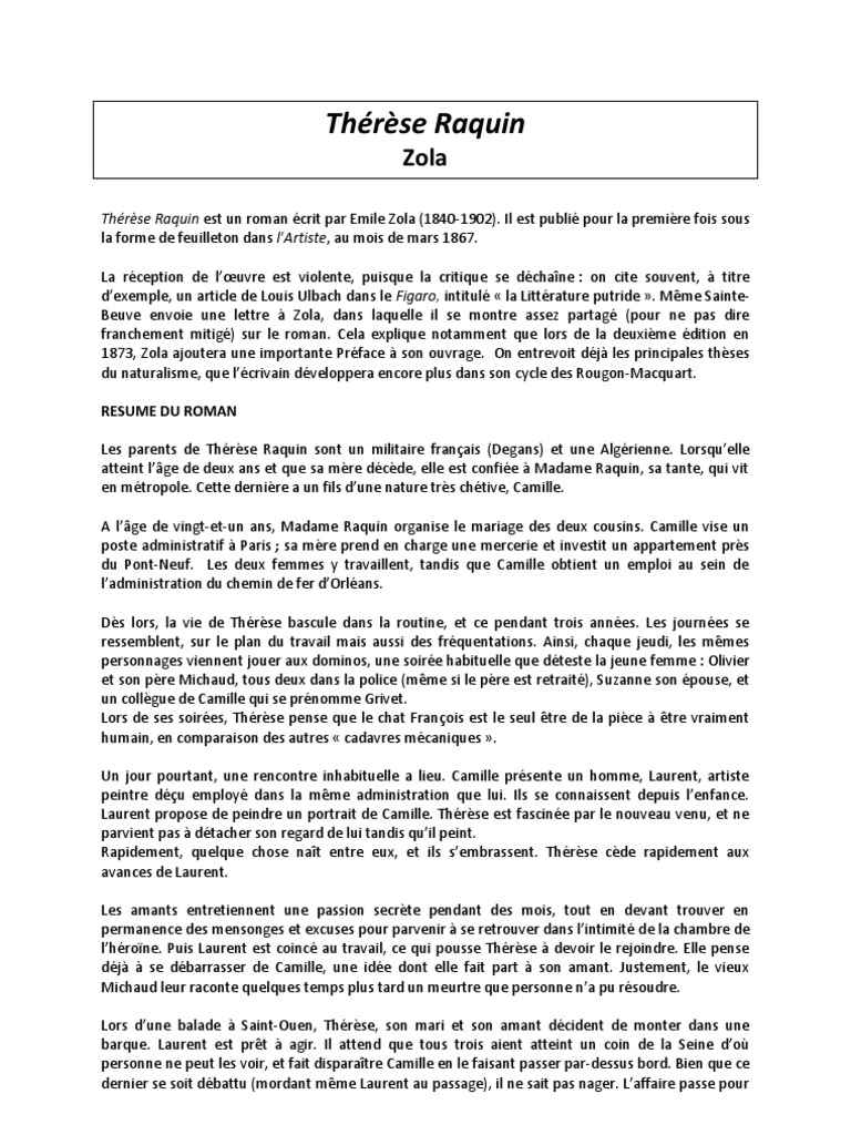 Résumé Chapitre Par Chapitre Thérèse Raquin Therese Raquin Resume | PDF | Romans