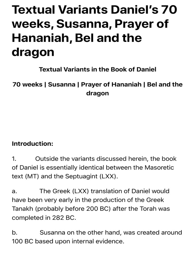 Textual Variants Daniel's 70 Weeks, Susanna, Prayer of Hananiah, Bel
