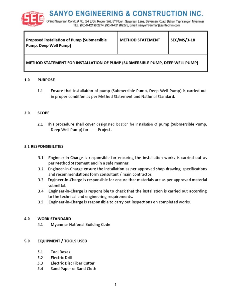 Proposed Installation of Pump (Submersible Pump, Deep Well Pump) Method
