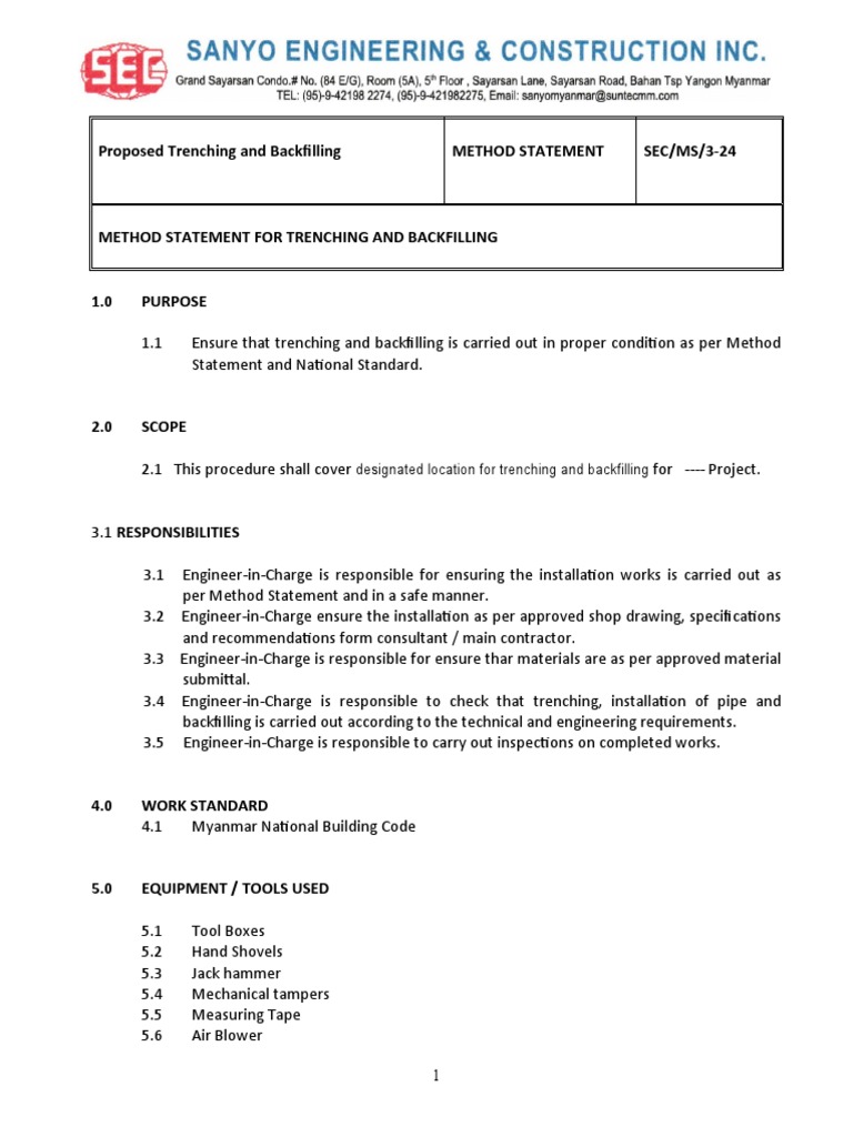 Proposed Trenching and Backfilling Method Statement SEC/MS/3-24 | PDF ...