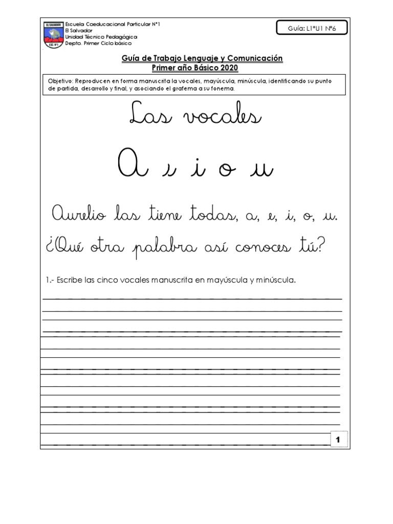 Guía de Vocales para Primer Básico | PDF | Artes del Lenguaje y ...