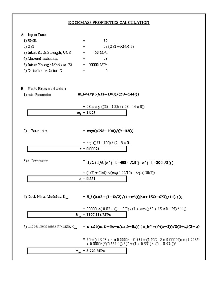 Rock Mass Properties Calculation Pdf Materials Applied And