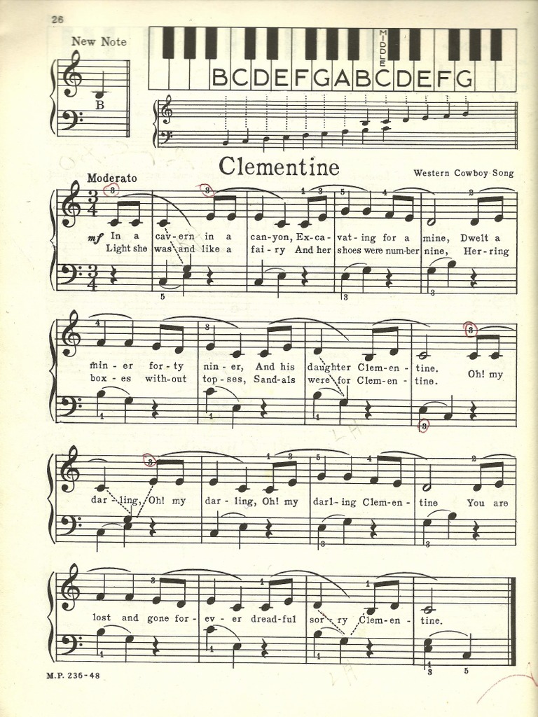 Clementine, Piano Sheet Music (Red Book, Hirschberg) PDF