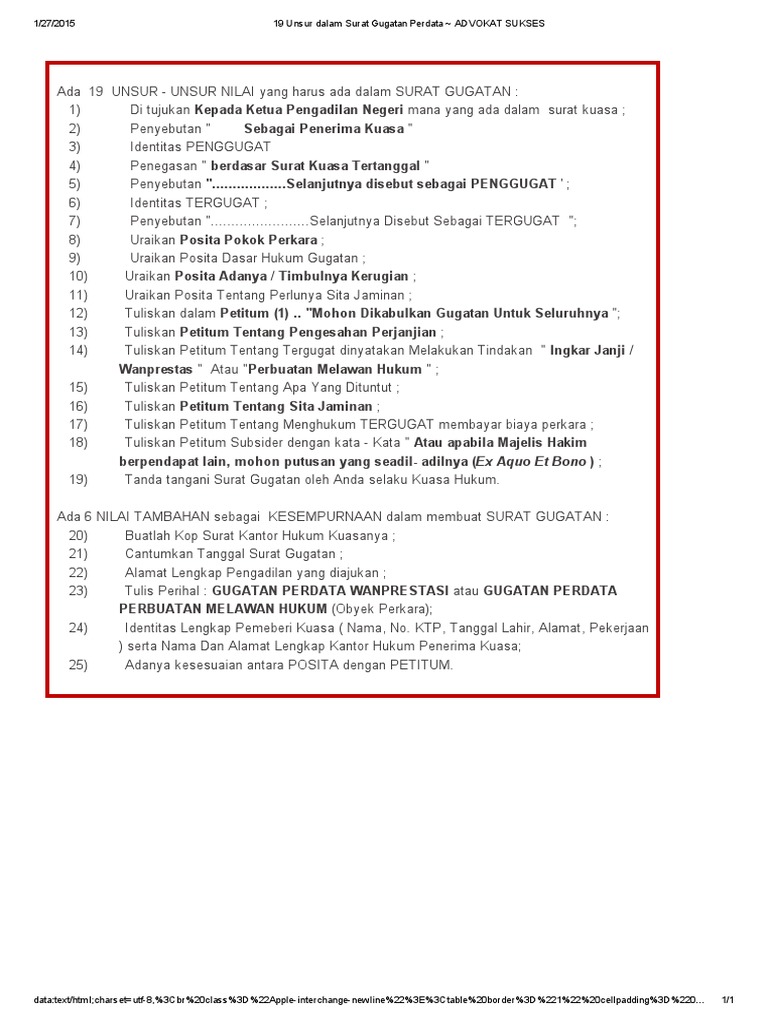 19 Unsur Dalam Surat Gugatan Perdata