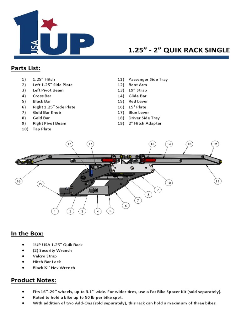 1.25" 2" Quik Rack Single Parts List PDF Nut (Hardware) Trunk
