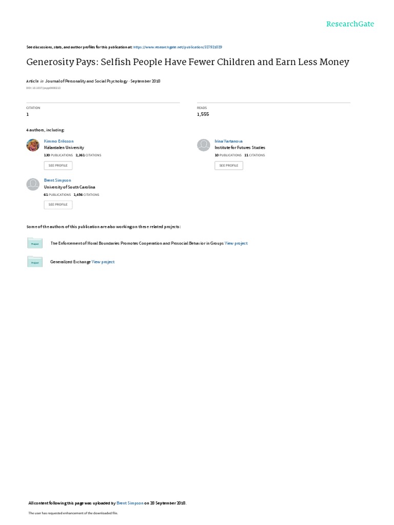 Generosity Pays Selfish People Have Fewer Children and Earn Less Money(00)