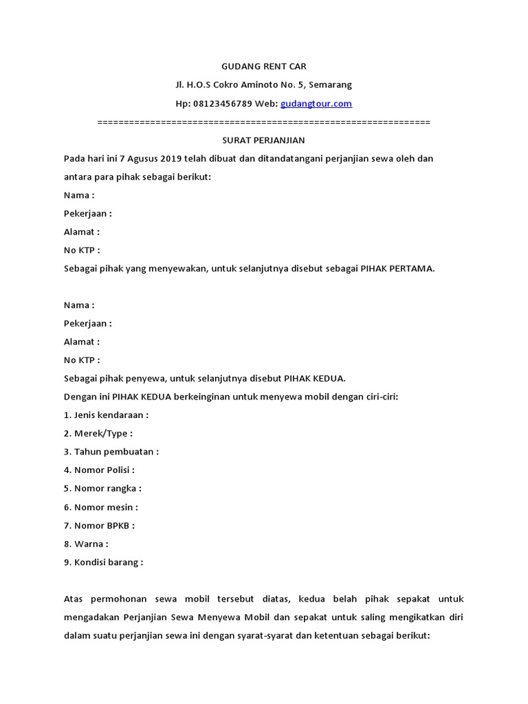 Contoh Surat Perjanjian Rental Mobil | PDF