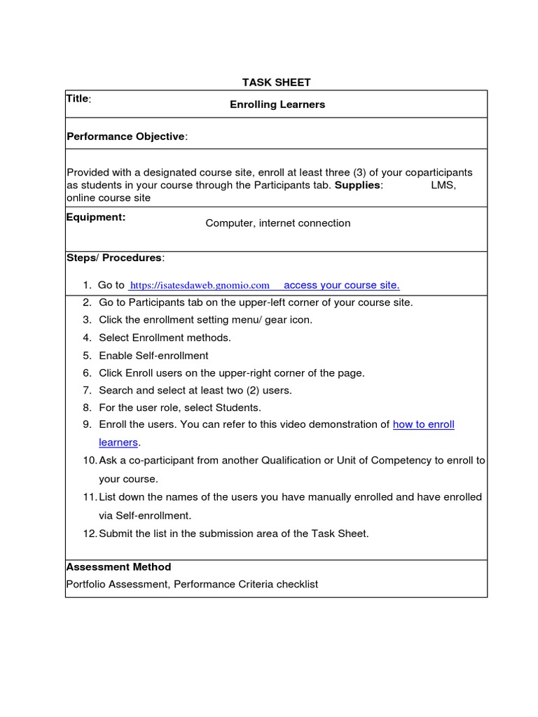 Enrolling Learners Task Sheet | PDF