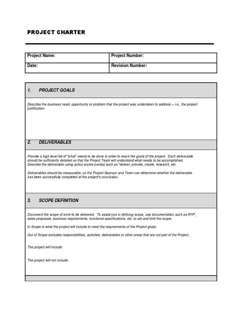 Project Charter: Project Name: Project Number: Date: Revision Number ...