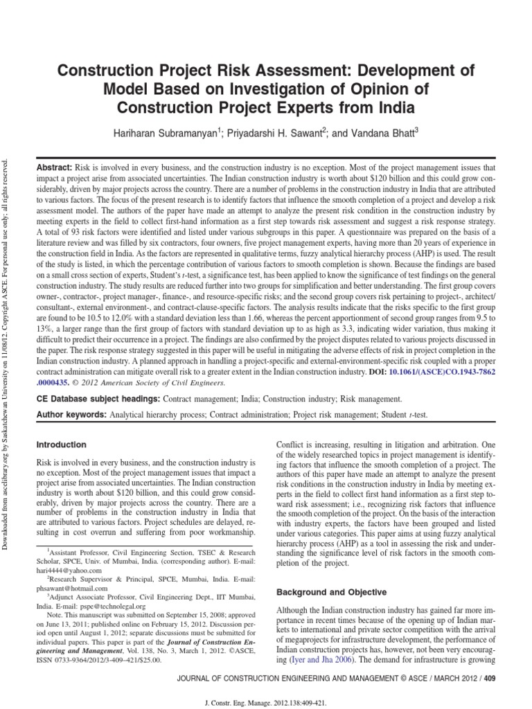 Construction Project Risk Assessment: Development of Model Based On ...