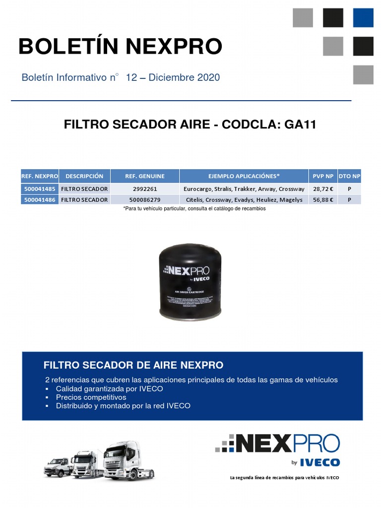 Filtro Secador Aire IVECO NEXPRO 500041485 | PDF | Tecnología