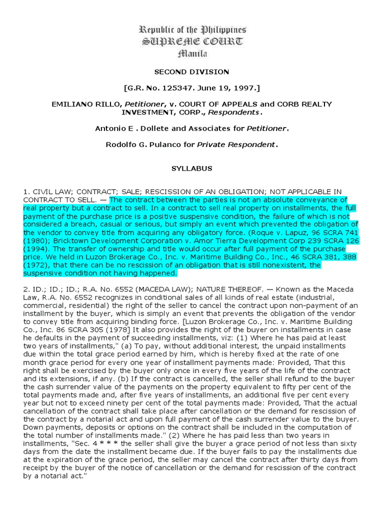 1997 06 19 - Rillo Vs CA 287 SCRA 461 | PDF | Breach Of Contract | Interest
