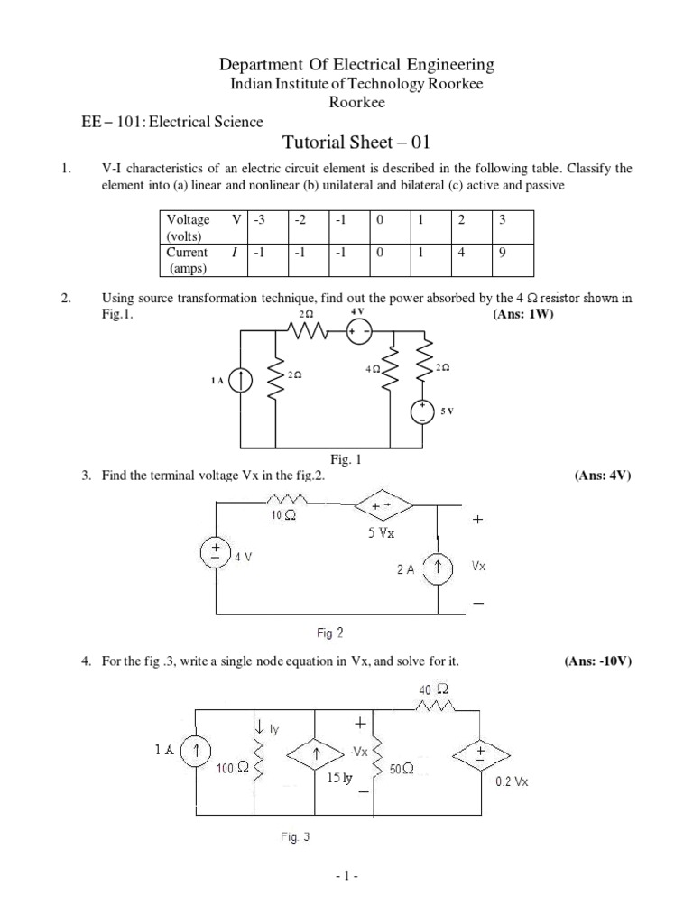 Tutorial Sheet - 01: Department of Electrical Engineering | PDF ...