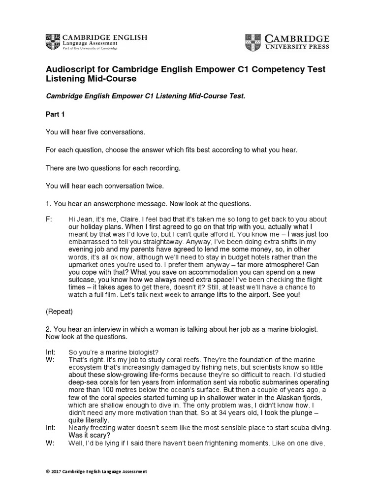 Audioscript For Cambridge English Empower C1 Competency Test Listening ...