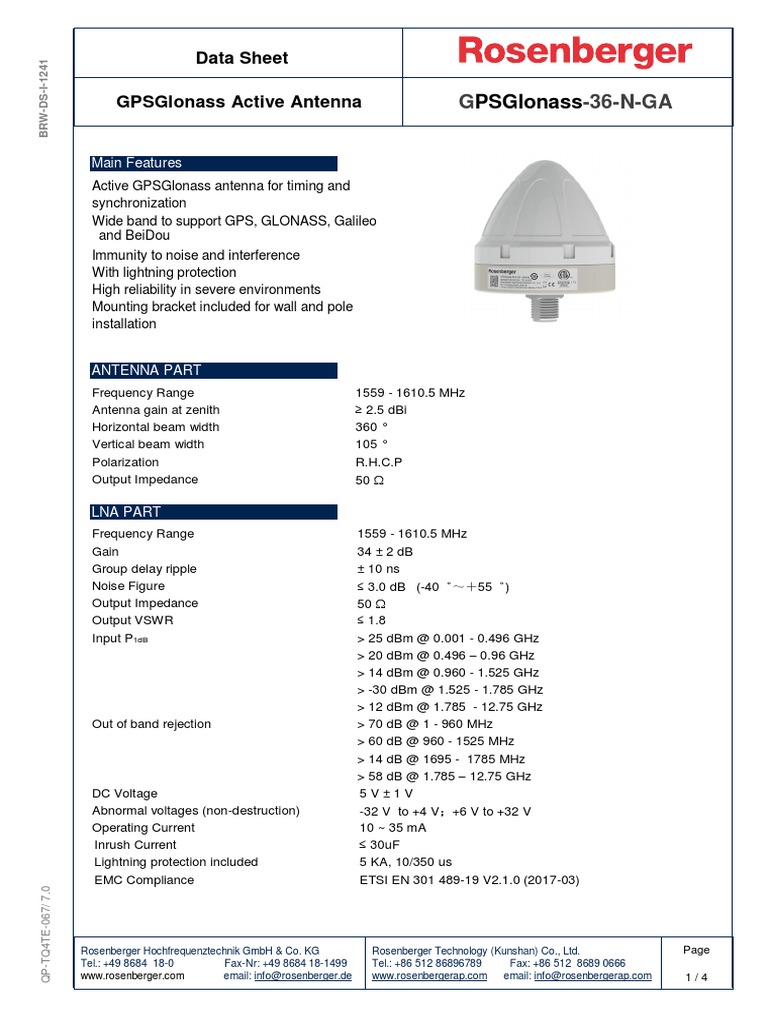 Rosenberger GPS-36-N-SA High Gain GPS Timing Antenna - 36dB, KEE 101 2182/1