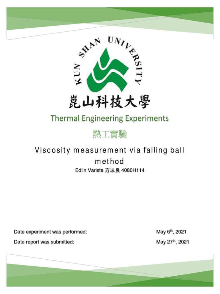 Lab 5 Viscosity Measurement Via Falling Ball Method PDF PDF Reynolds Number Drag (Physics)